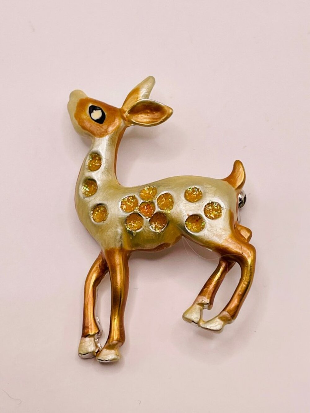 NOS Vintage Gold & Silver Enamel Deer Brooch Pin Glitter Accents -62B